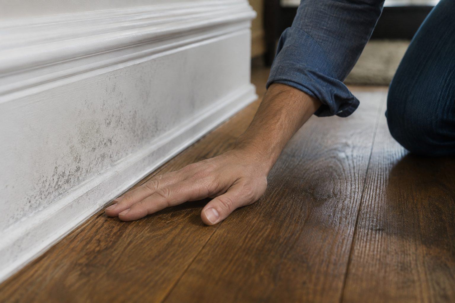 Homeowner checking a hardwood floor for coldness and dampness near a baseboard